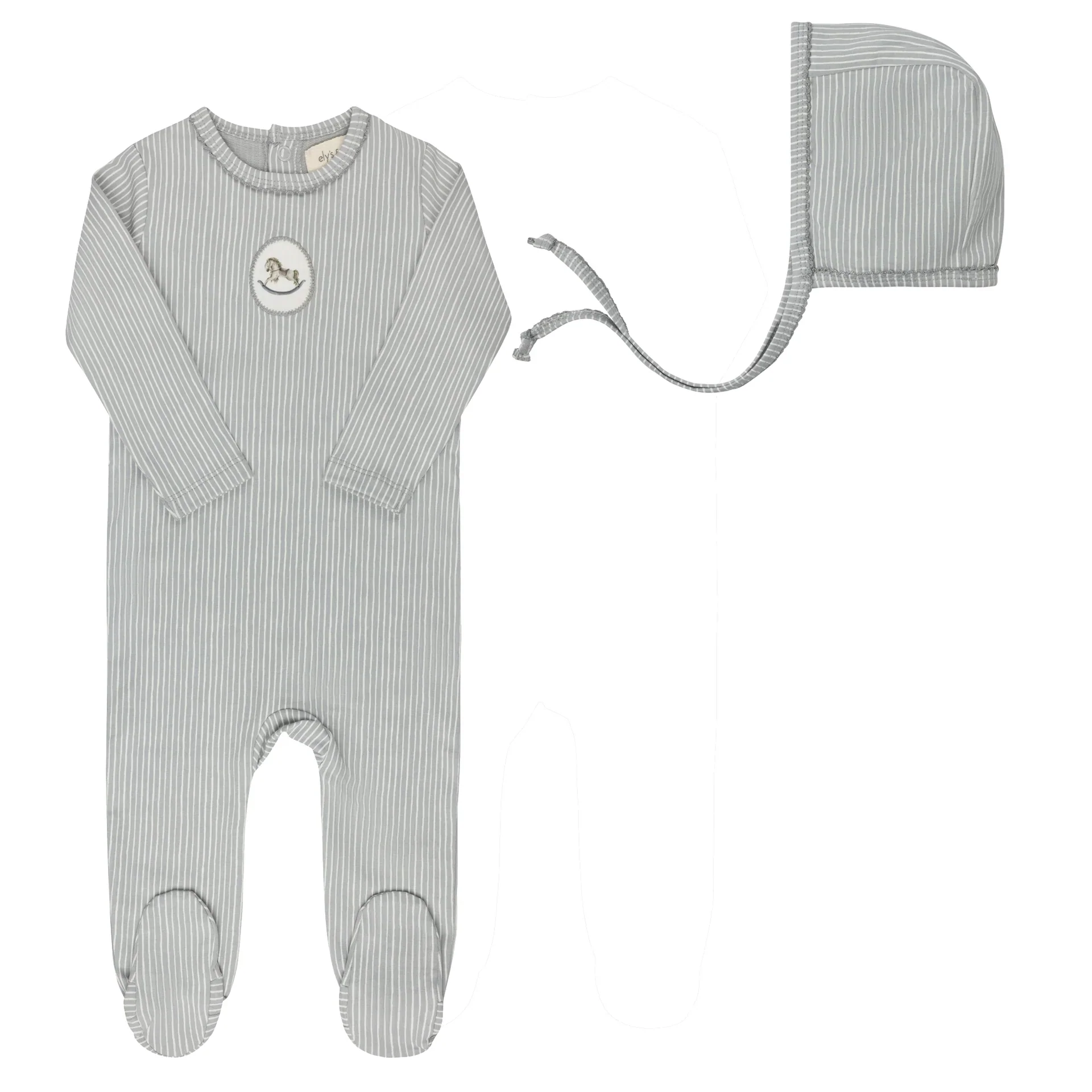 Aurora Blue Footie + Bonnet Cotton French Terry Rocking Horse