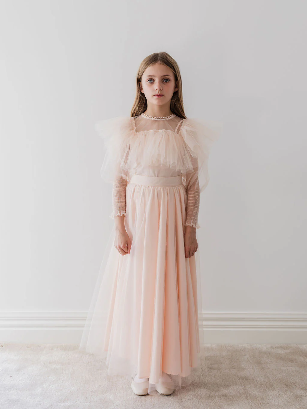 Gold by Petite Amalie Blush Orchid Print Tulle Blouse