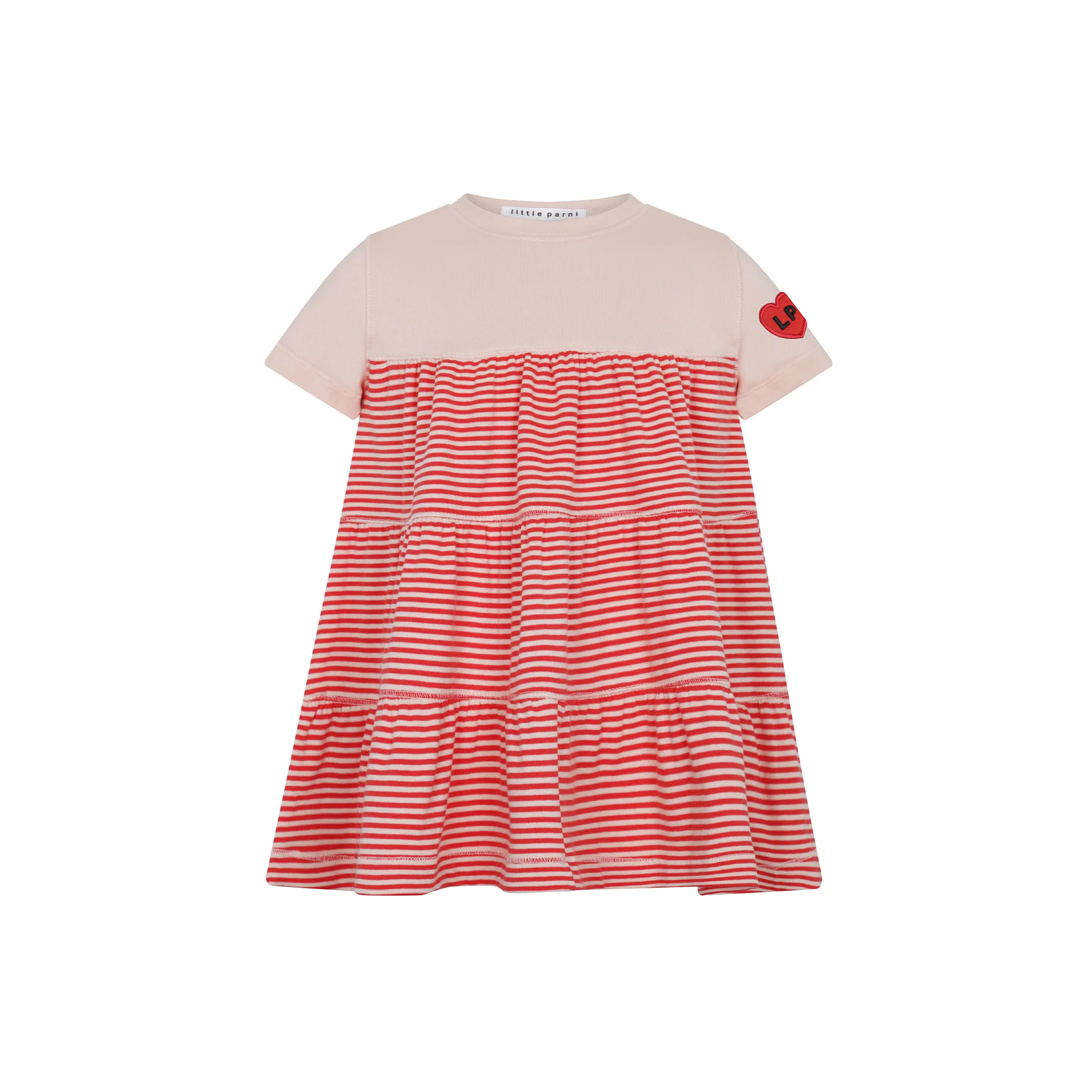 Little Parni Coral/Pink Varsity Tiered Dress - Short Sleeves (K600)