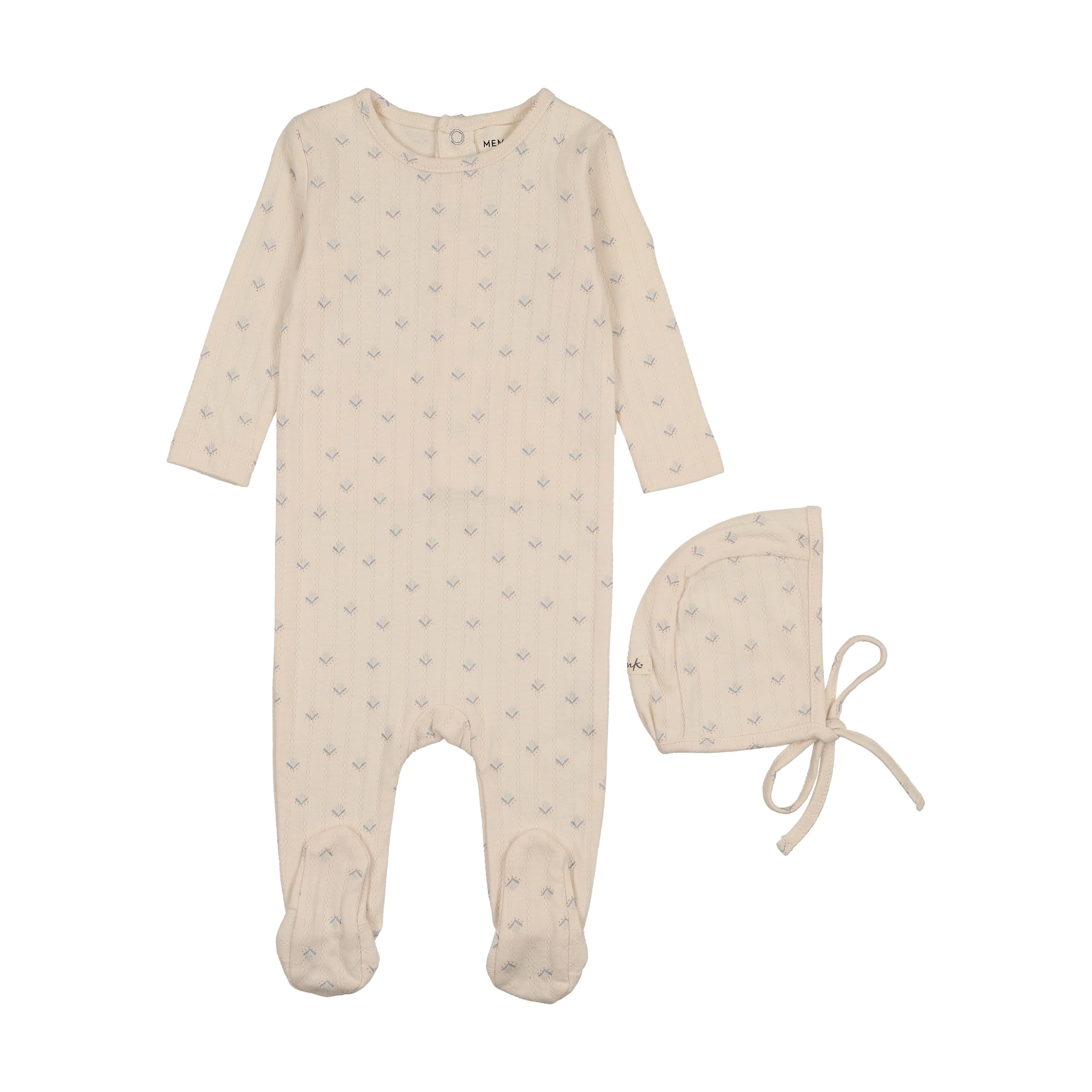 Mema Knits Blue Floral Print Printed Pointelle Footie + Bonnet (M404)