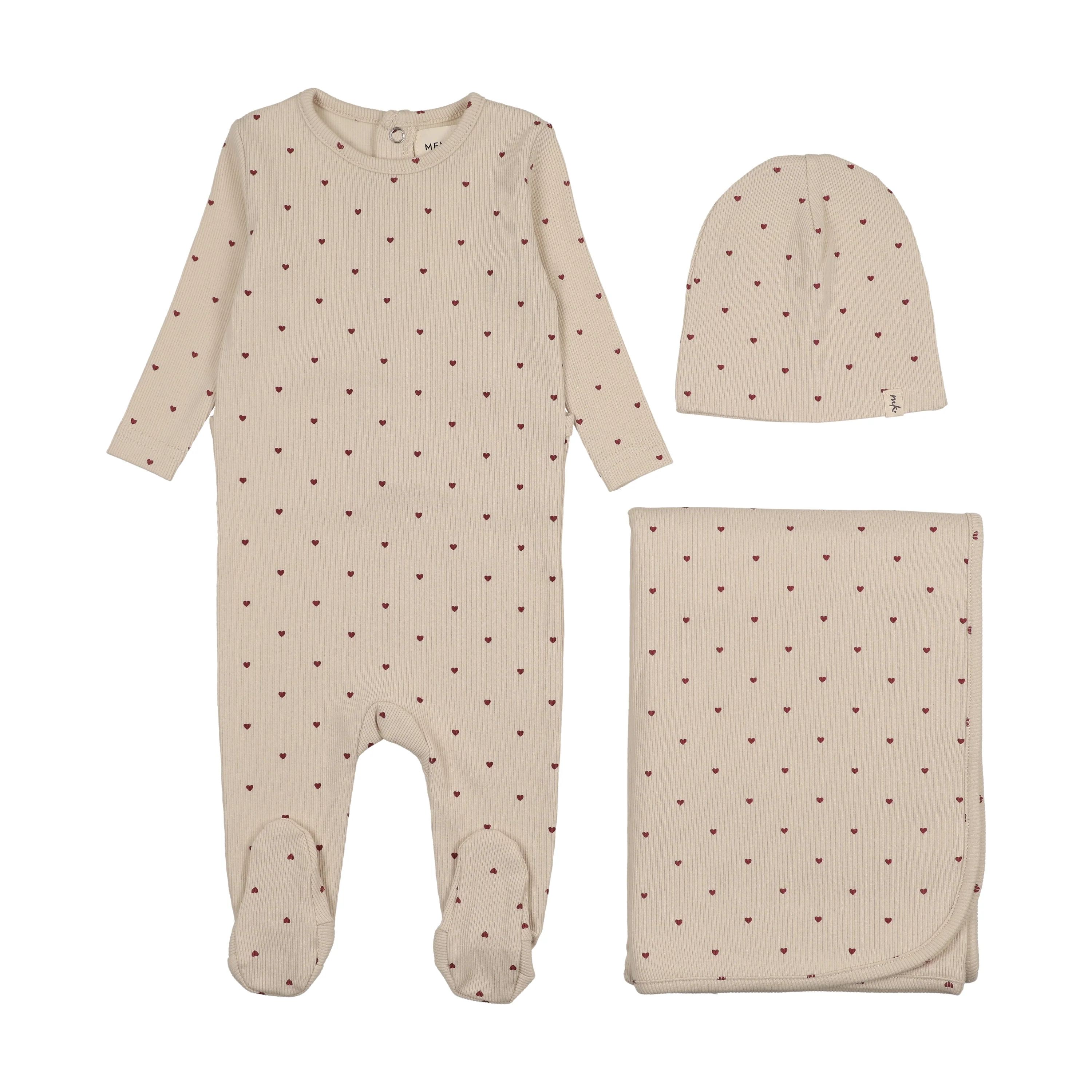 Mema Knits Ecru / Red Hearts Heart Printed Three Piece Set (M413-3Pc)