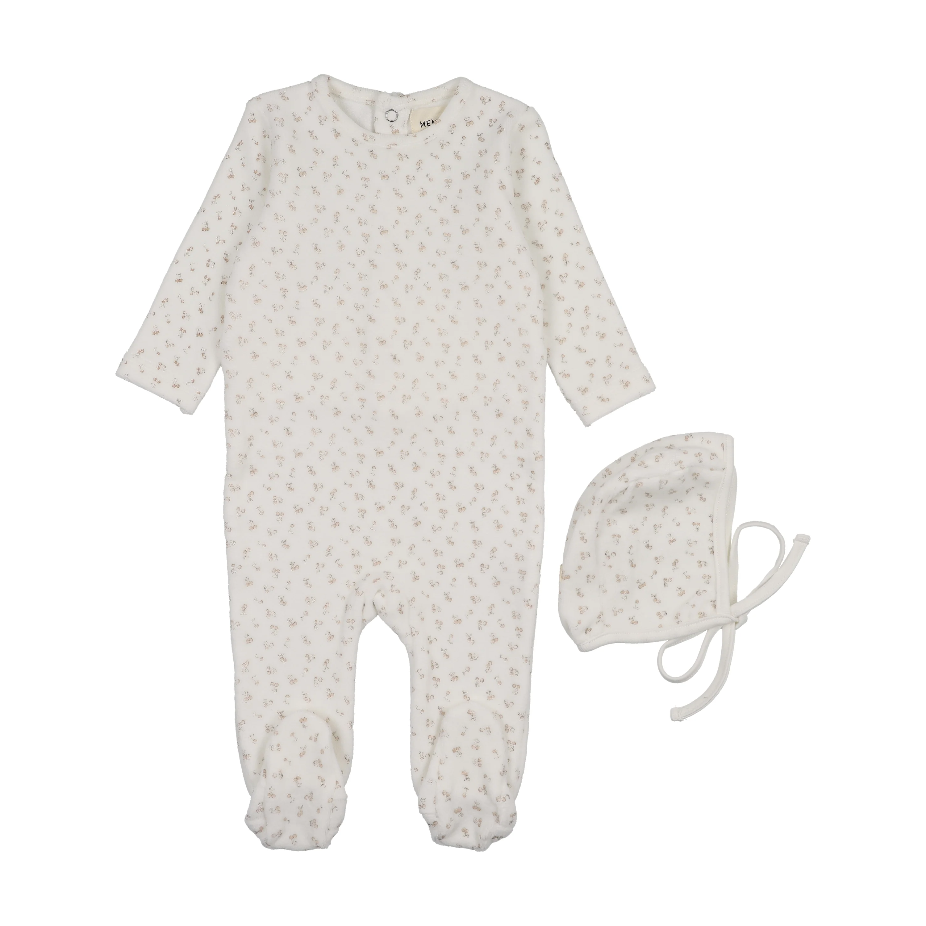 Mema Knits Pink Cherries Velour Cherry Printed Footie+ Bonnet (M402)