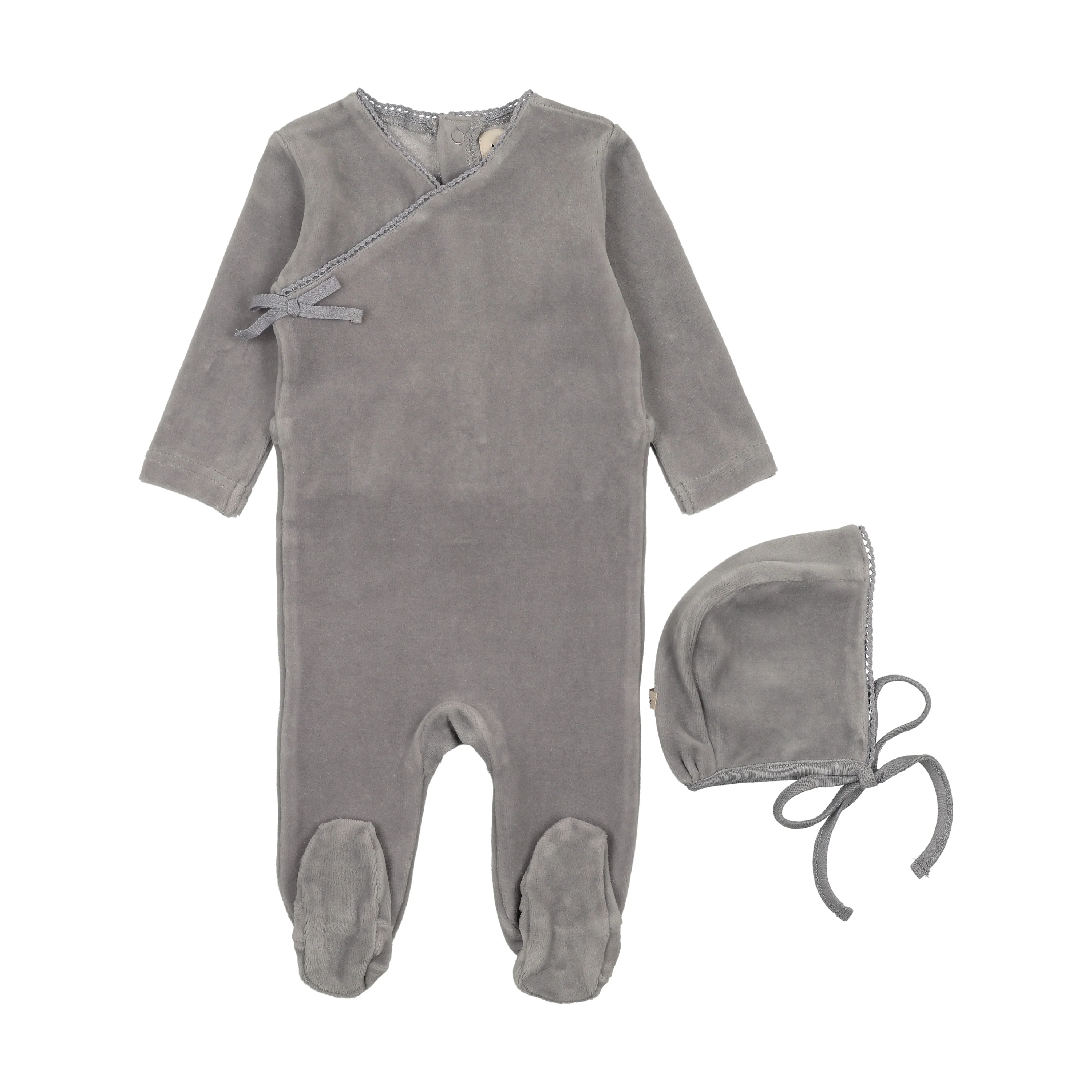 Mema Knits Windy Blue Velour Mock Wrap Footie + Bonnet (M401)