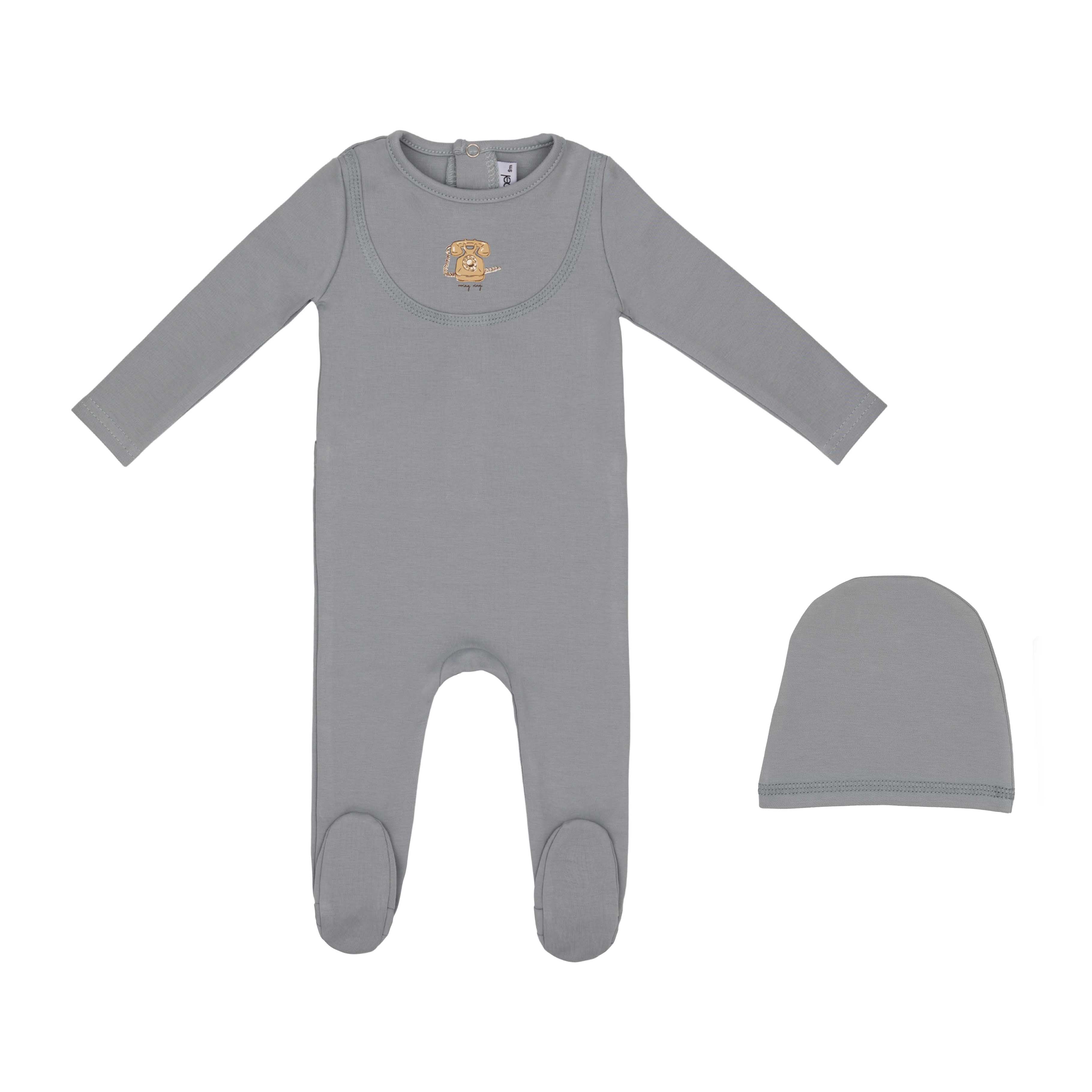 Mini Label Pima Cotton Stone Blue Antique Phone Footie and Hat