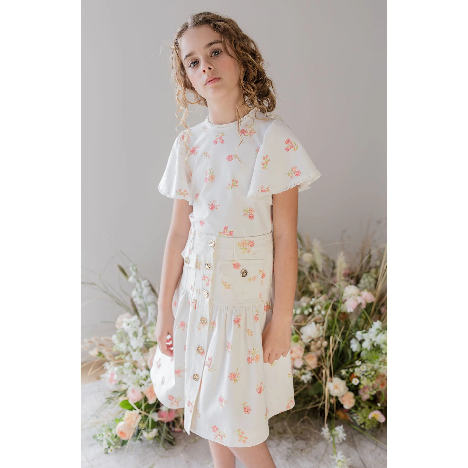 Steph Petite Rose Print Denim Skirt